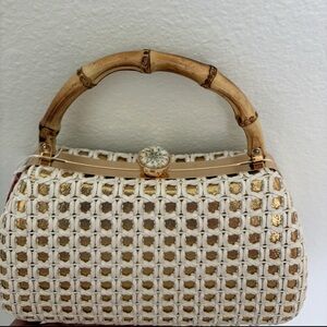 Tommy Bahama White and Gold Mini Bag with Geometric Pattern